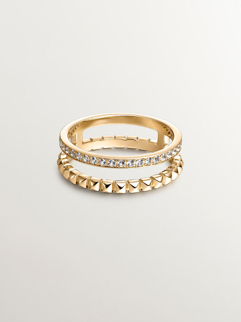 925 Silver double ring bathed in 18K yellow gold with relief and white topaz. image number 2