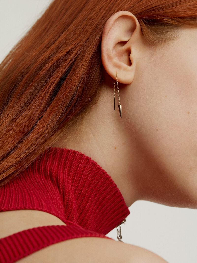Individual 9K yellow gold earring with chain and spike. image number 3