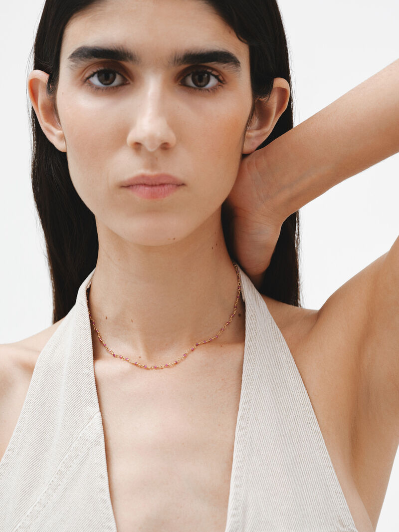 925 Silver chain bathed in 18K yellow gold with pink ruby beads. image number 3