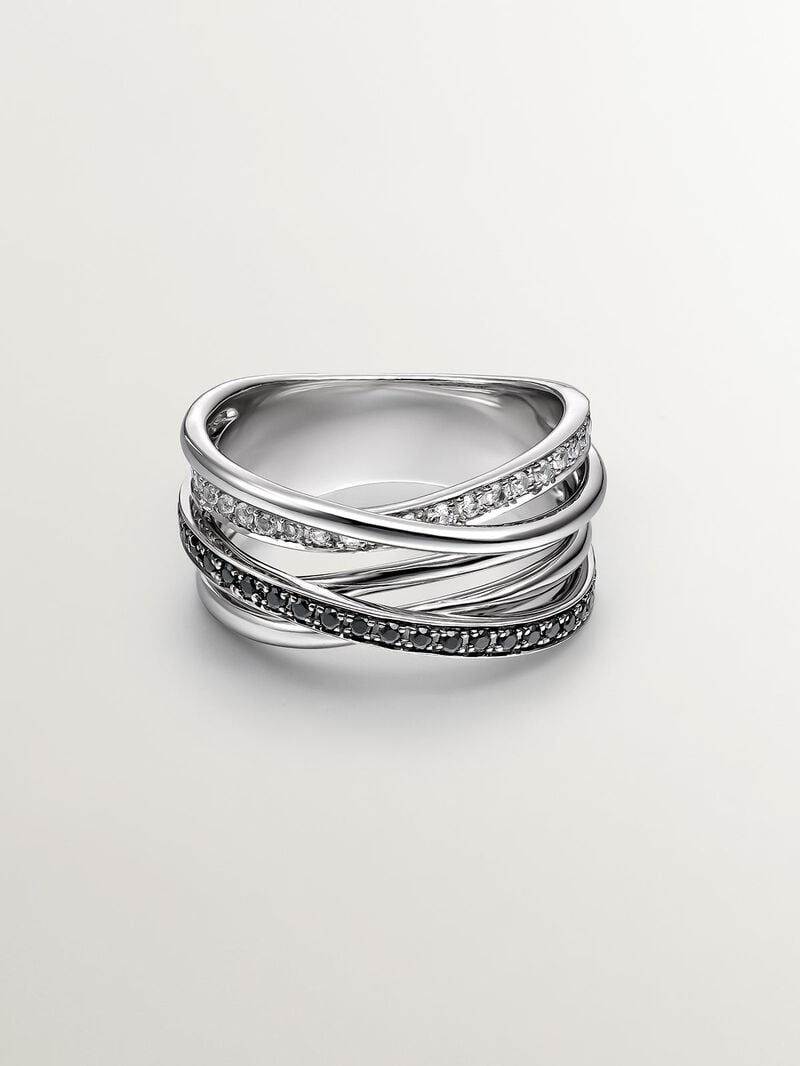 925 Silver multi-arm ring with white topaz and black spinels. image number 2