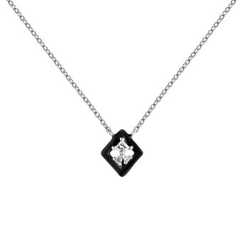 Pendentif losange en or blanc 18 ct avec diamants et émail noir, J05117-01-BLKENA,hi-res