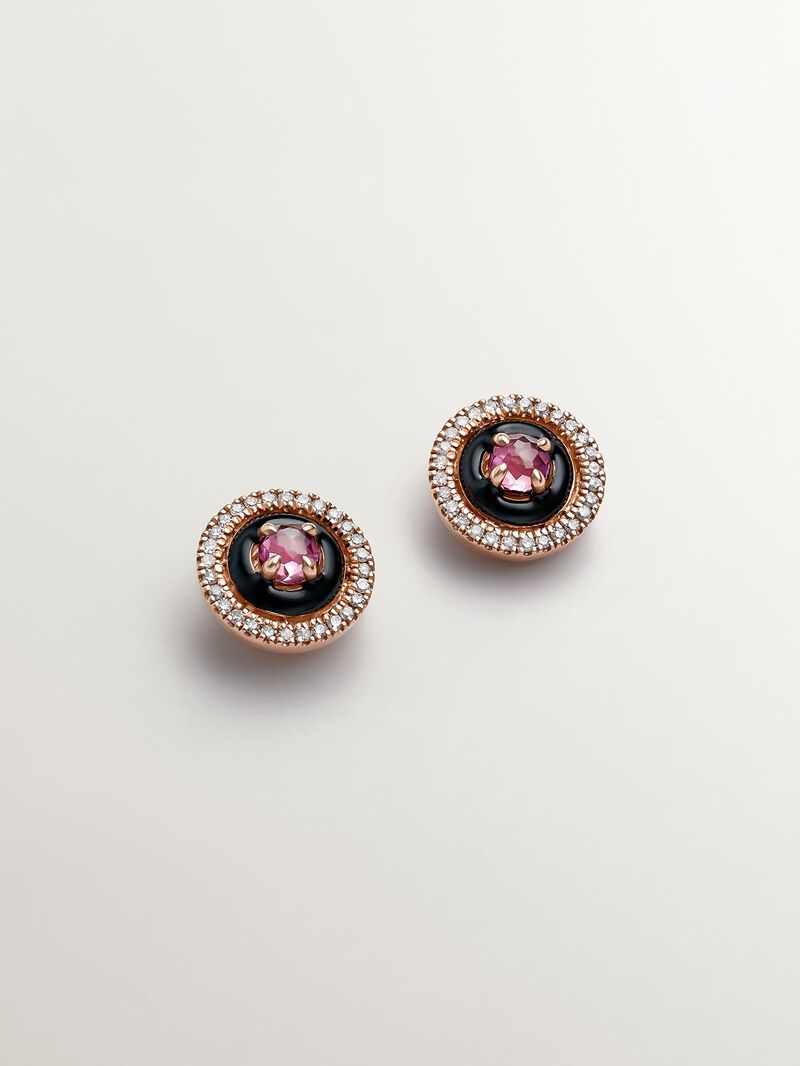 18K rose gold plated 925 silver earrings with diamonds, pink rhodolites and black enamel image number 2