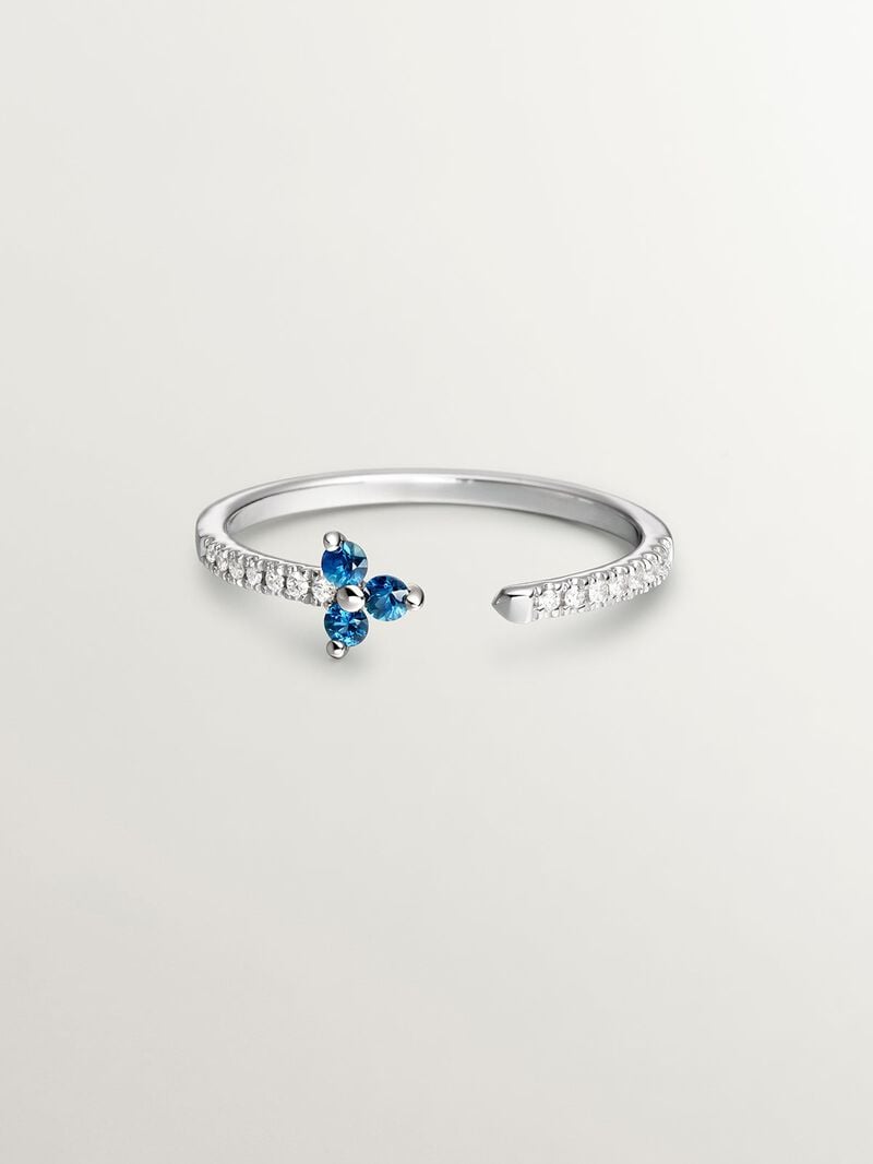 9K White Gold Ring with Diamonds and Blue Sapphire Clover image number 2
