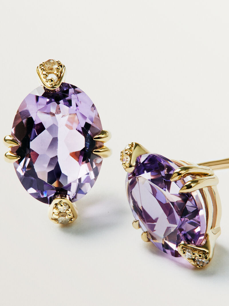 9K Yellow Gold Stud Earrings with Pink Amethysts and Diamonds image number 6
