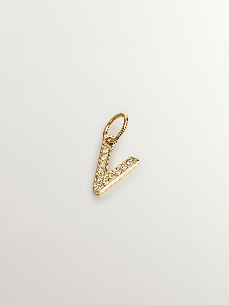 V initial charm made of 925 silver, bathed in 18K yellow gold and adorned with white topaz. image number 0