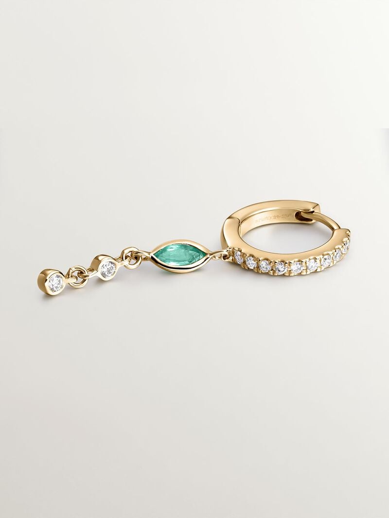Individual small hoop earring made of 9K yellow gold with a diamond chain and emerald. image number 2