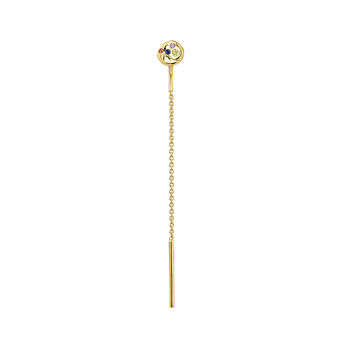 Long single chain earring in 18k gold-plated silver with raised detail and multicoloured sapphires, J05079-02-MULTI-H,hi-res
