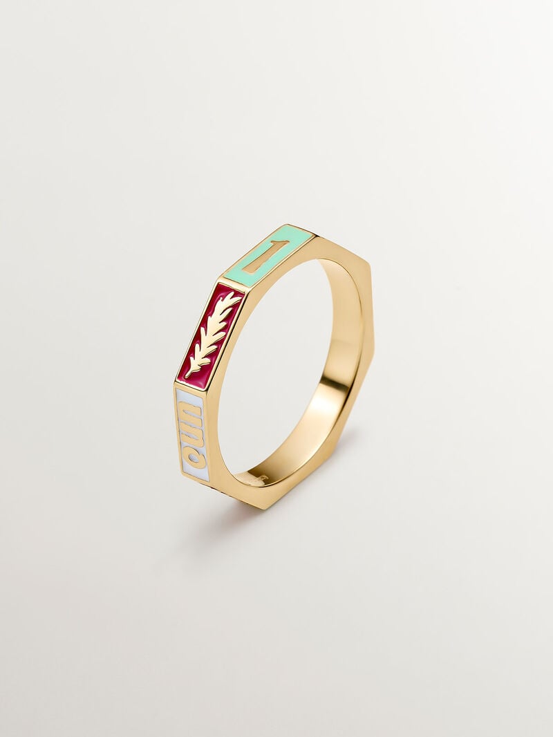 927 Silver ring bathed in 18K yellow gold with multicolor enamel and number 1. image number 0