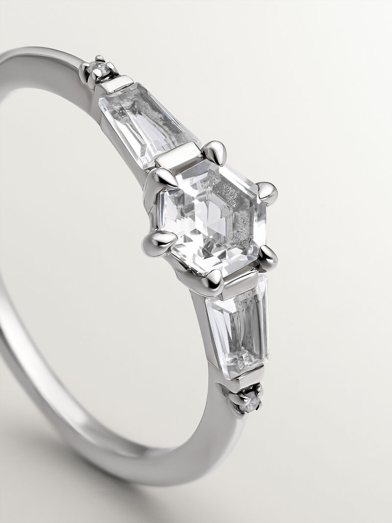 927 Silver Triple Ring with Topazes and Central Gray Diamond image number 2