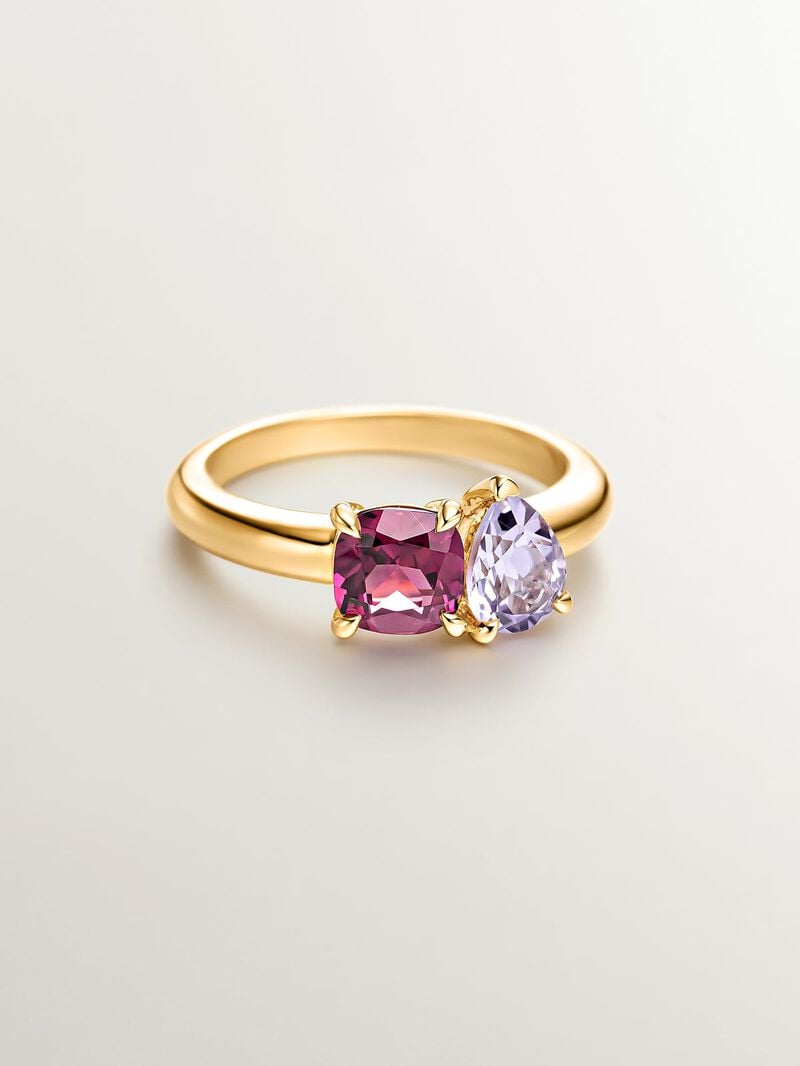 18K yellow gold plated 925 silver ring with rhodolite and pink amethyst image number 2