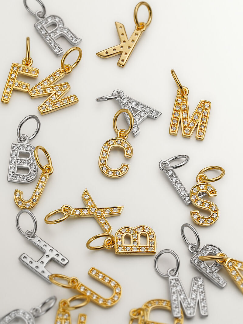 F initial charm made of 925 silver, bathed in 18K yellow gold with white topazes. image number 6