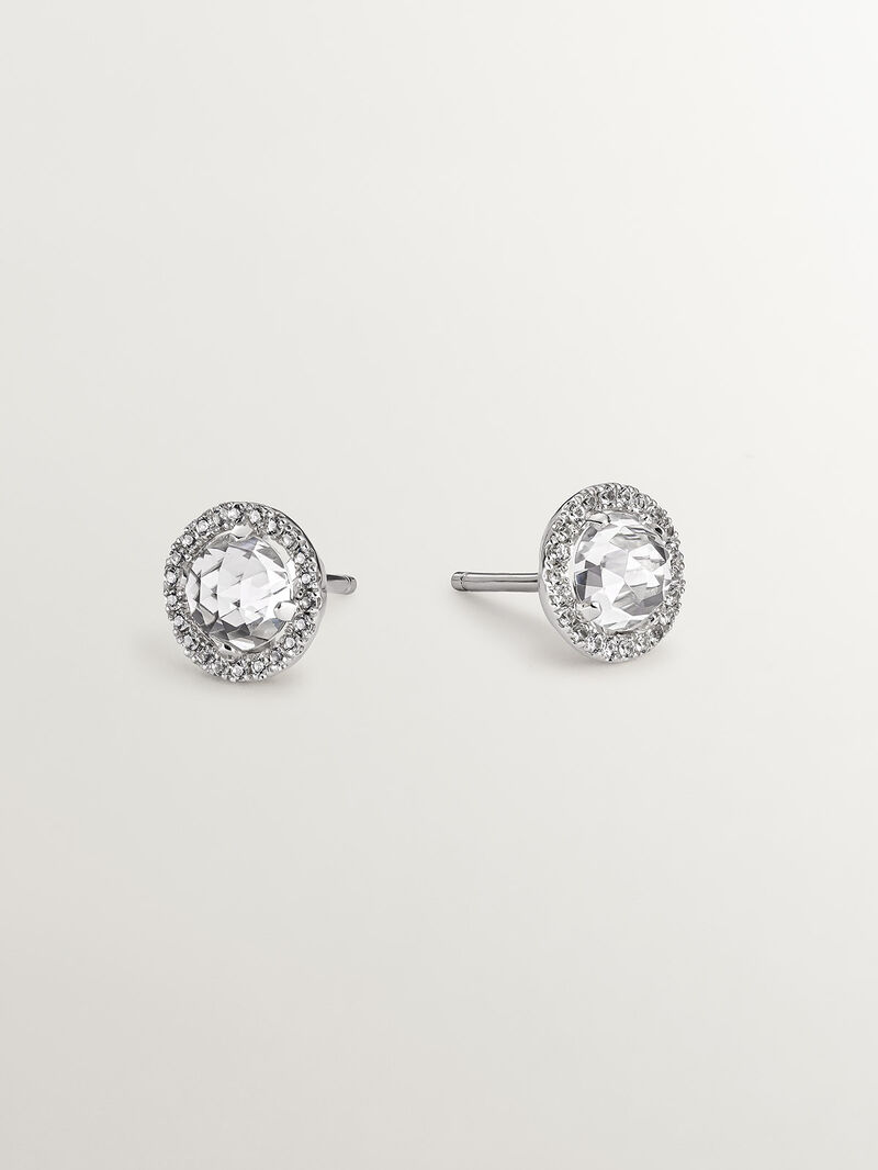925 silver button earrings with white topaz and a halo of white sapphires. image number 0