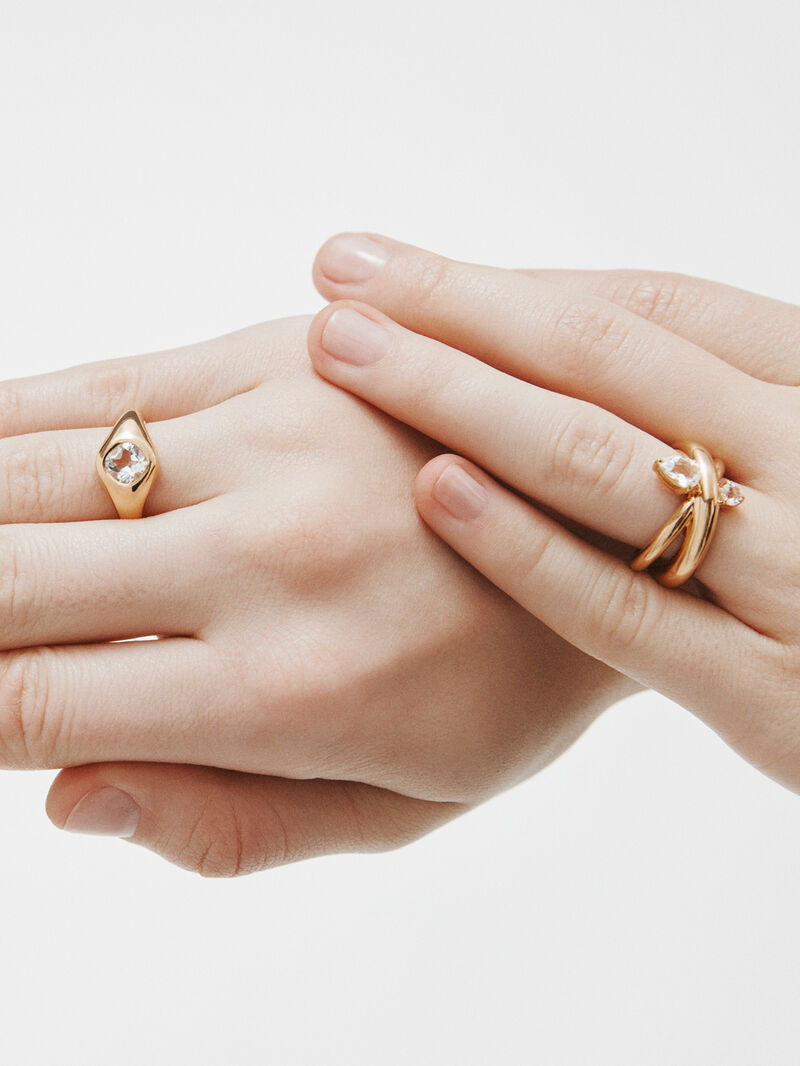 18K yellow gold plated 925 silver signet ring with white quartz image number 5