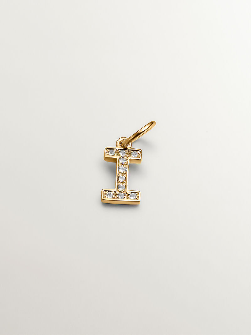 I Initial charm made of 925 silver, bathed in 18K yellow gold, and white topaz. image number 0