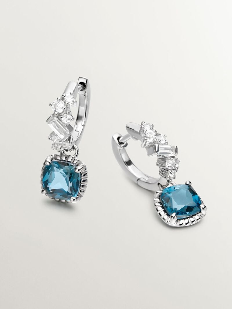 925 Silver hoop earrings with London blue and white topazes. image number 2