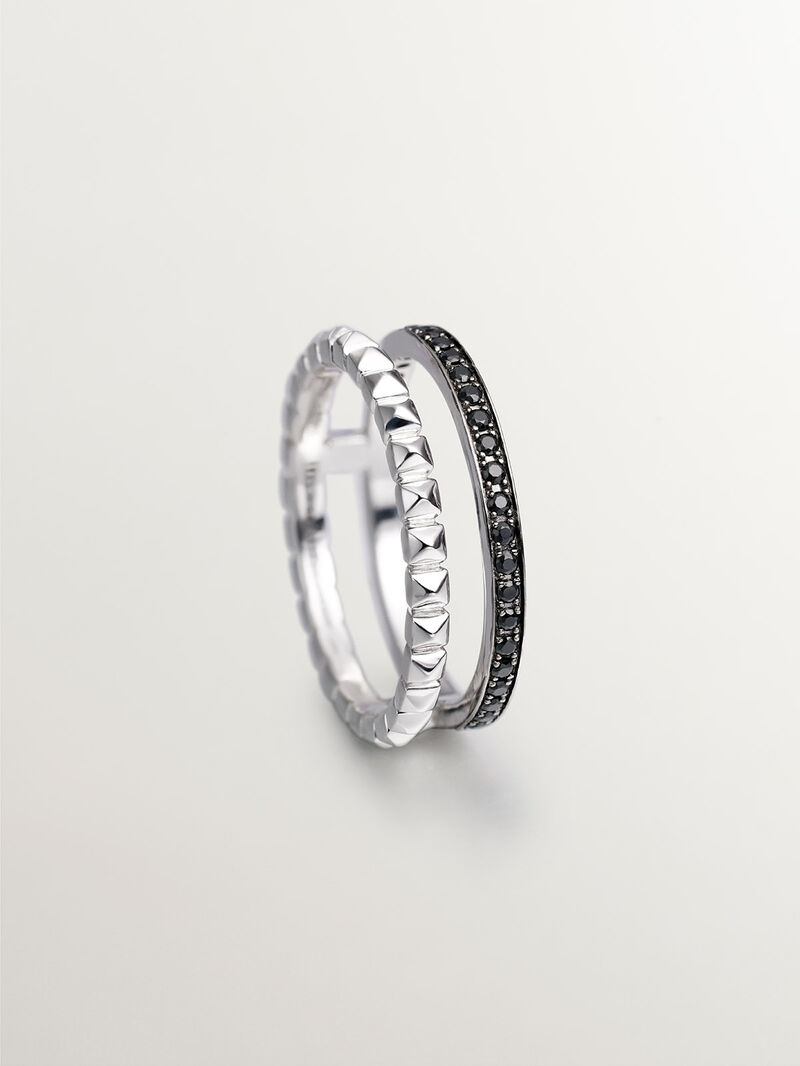931 Silver double ring with embossing and black spinels. image number 4