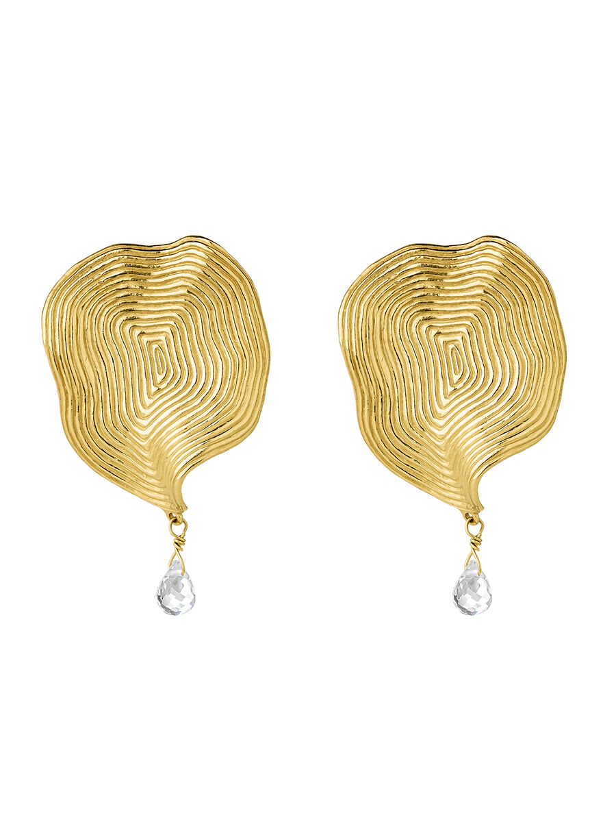 Large-size, embossed earrings in 18kt yellow gold-plated silver with white topaz, J05215-02-WT, hi-res
