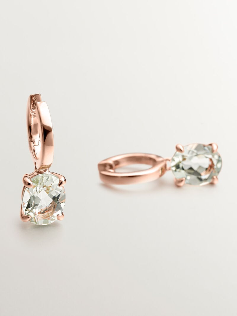 Medium-sized 925 silver hoop earrings bathed in 18K rose gold with green quartz. image number 4
