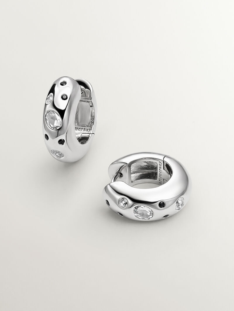 925 sterling silver chunky hoop earrings with white topaz and black spinels image number 0