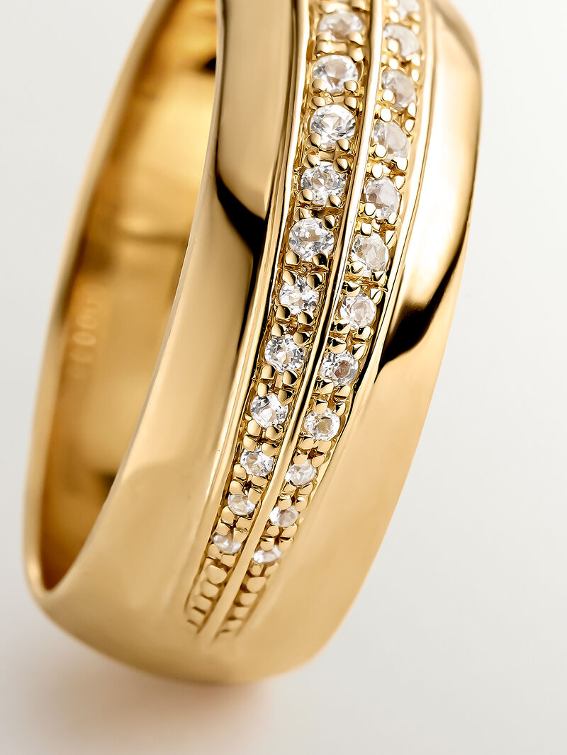 Wide 925 silver ring plated in 18K yellow gold with white topazes image number 4
