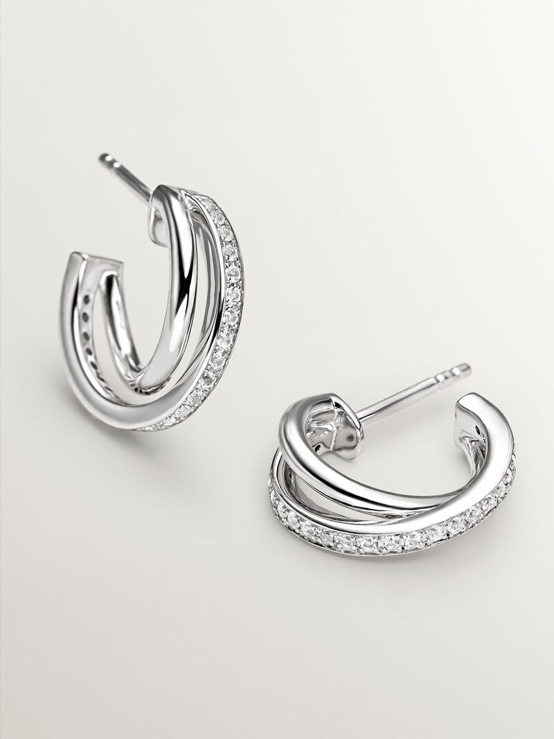 925 Silver double hoop earrings with white topaz. image number 8