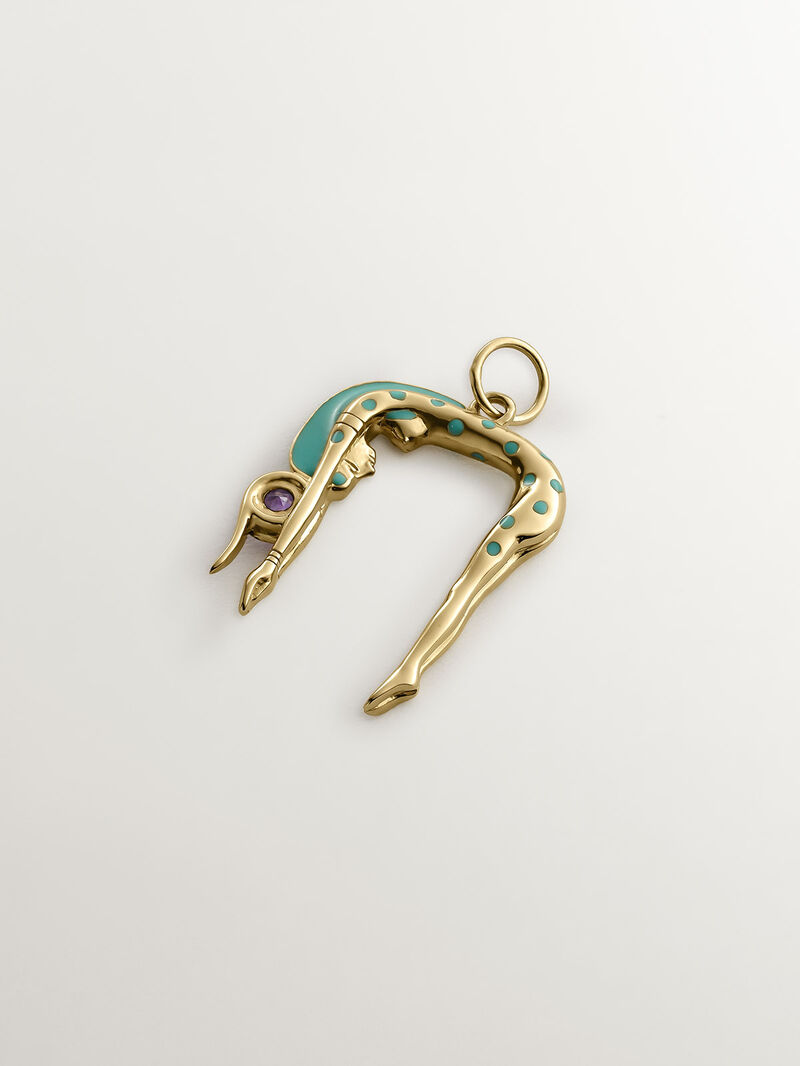 925 Silver charm bathed in 18K yellow gold in the shape of the Nut goddess, purple amethyst and enamel. image number 2