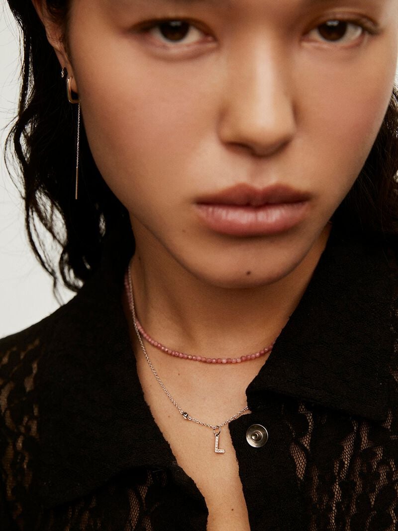 925 silver necklace bathed in 18K yellow gold with pink rhodonite beads. image number 5