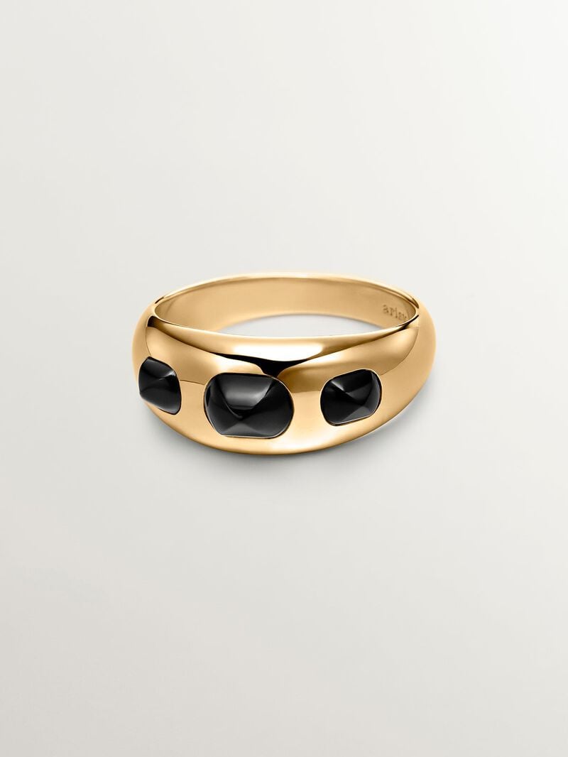18K yellow gold plated 925 silver ring with black agates image number 2