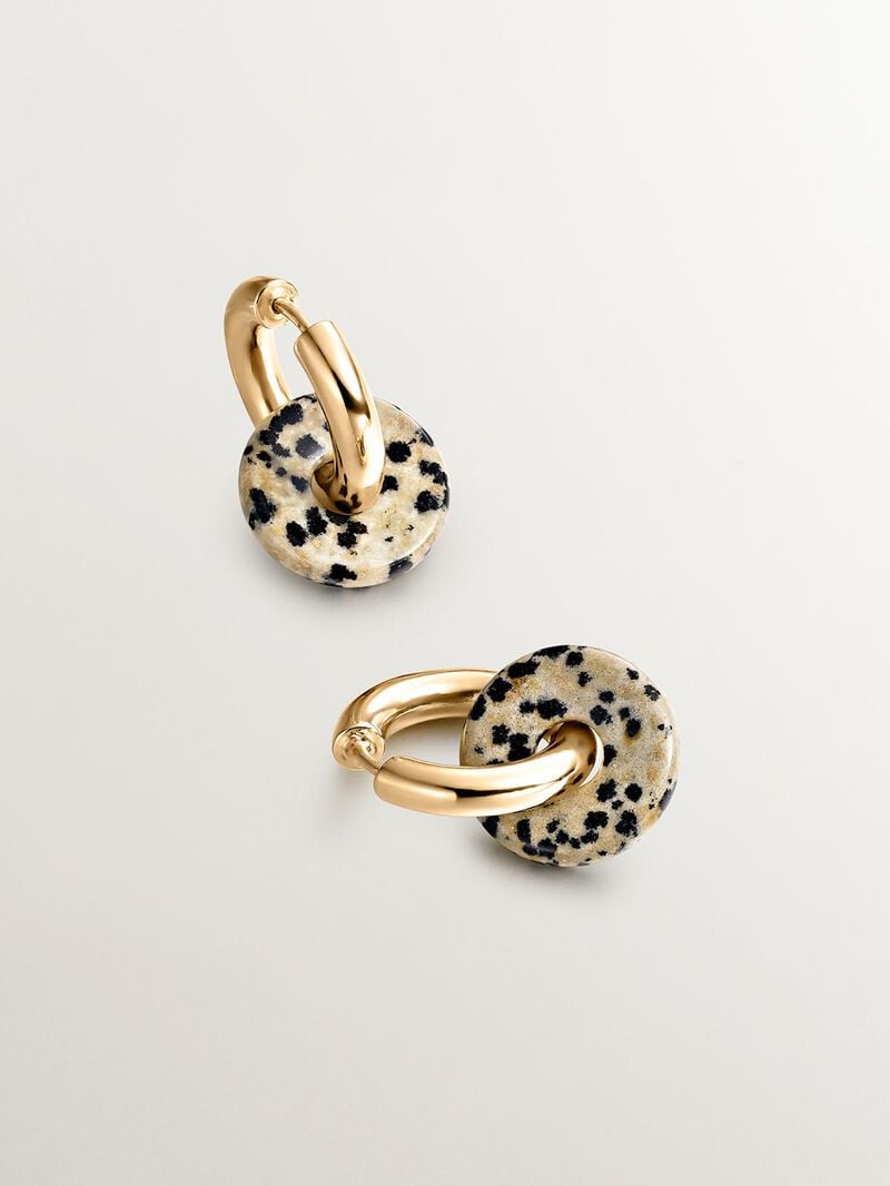 925 sterling silver medium hoop earrings with 18K yellow gold plating featuring dalmatian jasper. image number 2