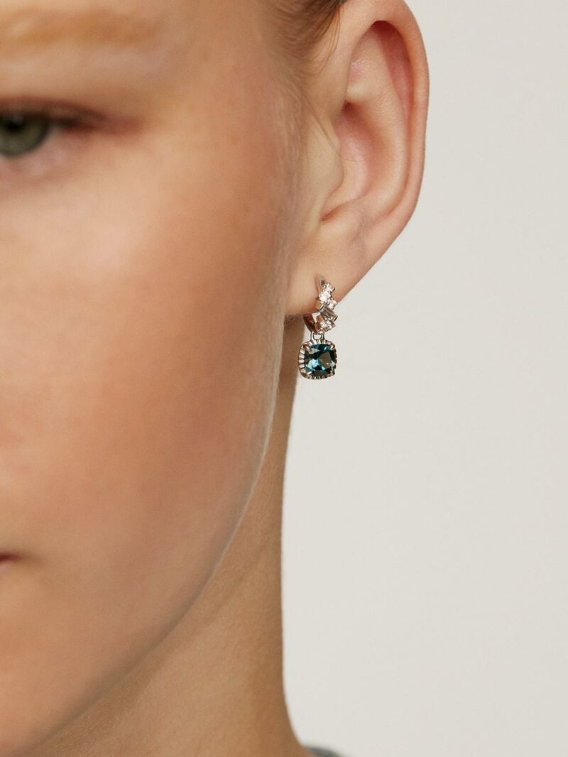 925 Silver hoop earrings with London blue and white topazes. image number 1