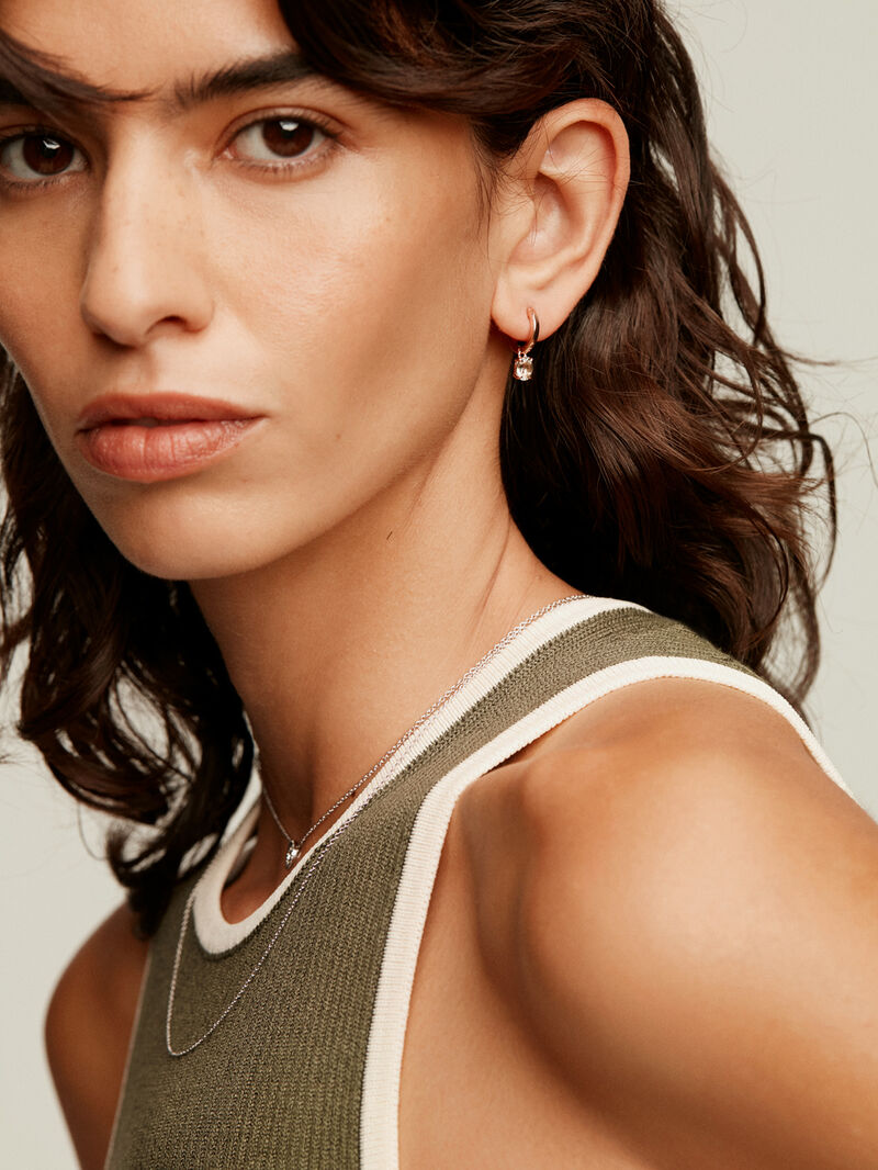 Small hoop earrings made of 925 silver, bathed in 18K rose gold with green quartz. image number 5