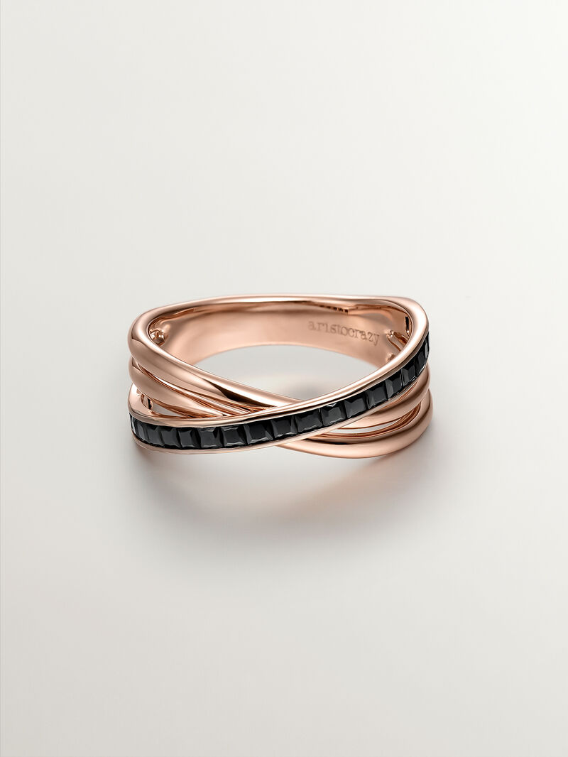 925 Silver double ring bathed in 18K rose gold with black spinels. image number 0