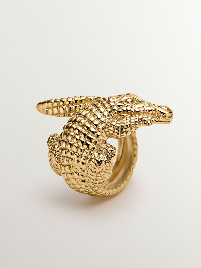 925 Silver wide ring, dipped in 18K yellow gold, in the shape of a crocodile. image number 4