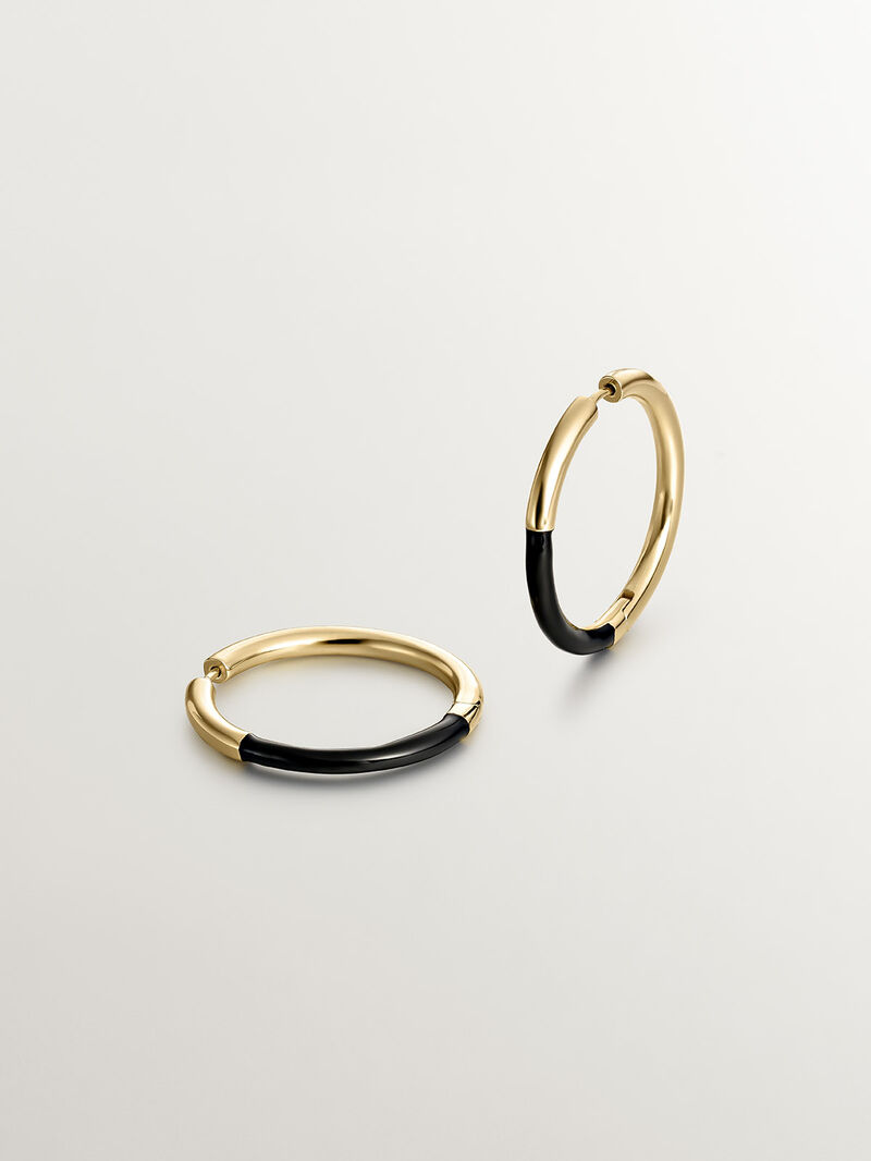 Large hoop earrings made of 925 silver, coated in 18K yellow gold with black enamel image number 2