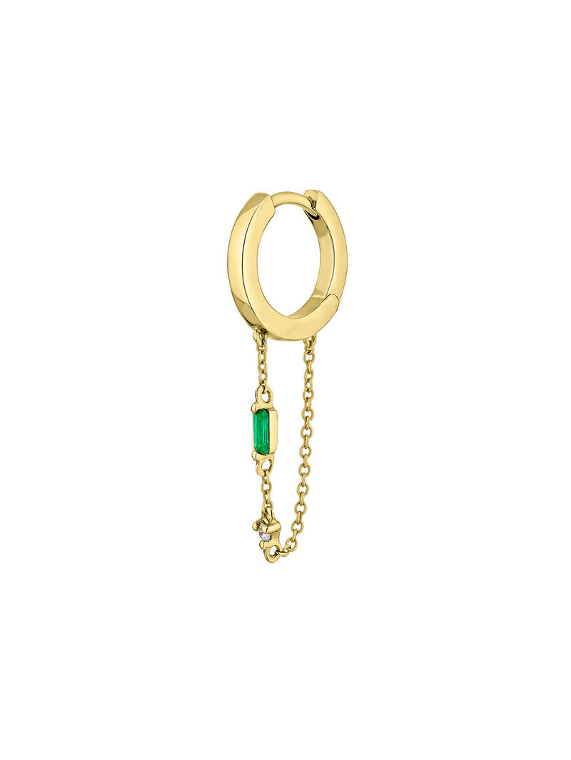 Single 9K yellow gold hoop earring with chain, emerald and diamond. image number 2