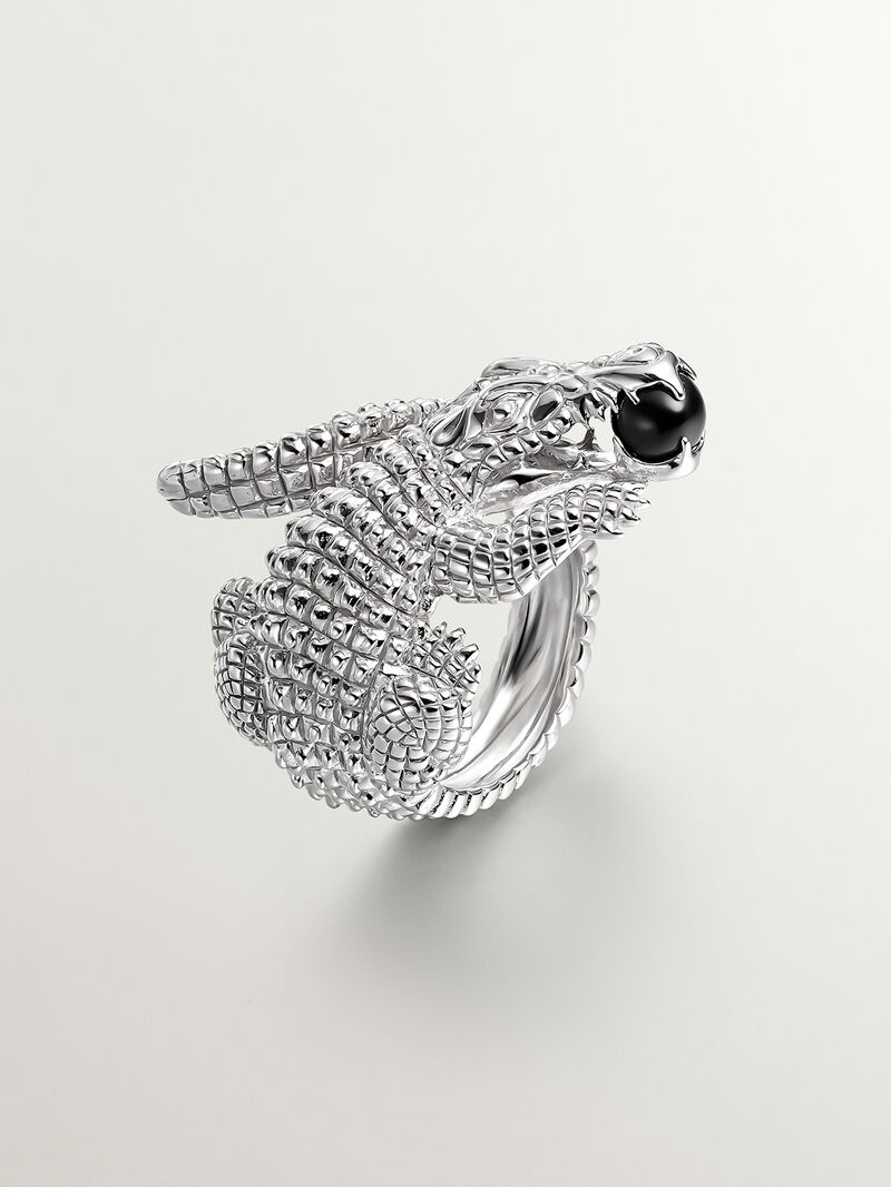 925 silver ring shaped like crocodile and black ónix image number 0