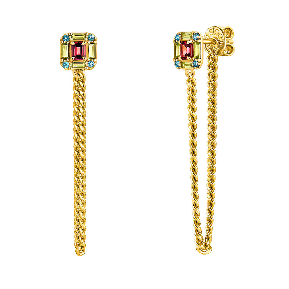 Long chain earrings in 18kt yellow gold-plated silver with multicoloured stones, J04925-02-RO-PE-LB, hi-res