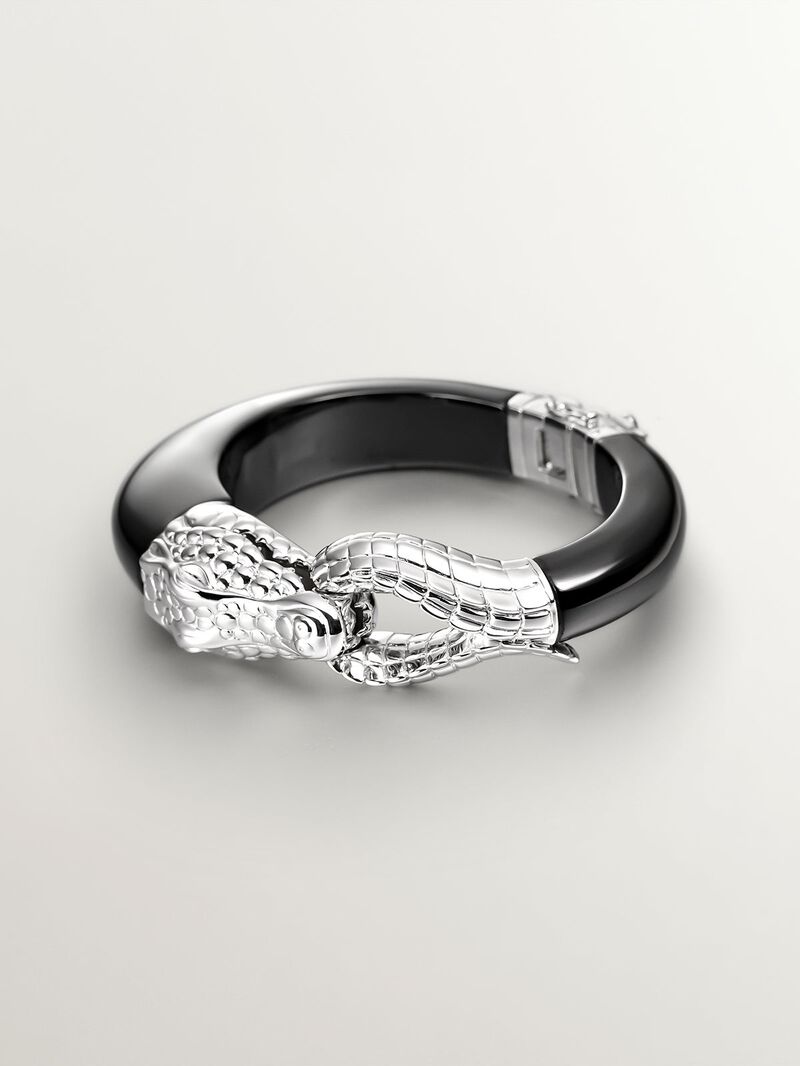 925 silver rigid bracelet and black crocodile -shaped image number 0