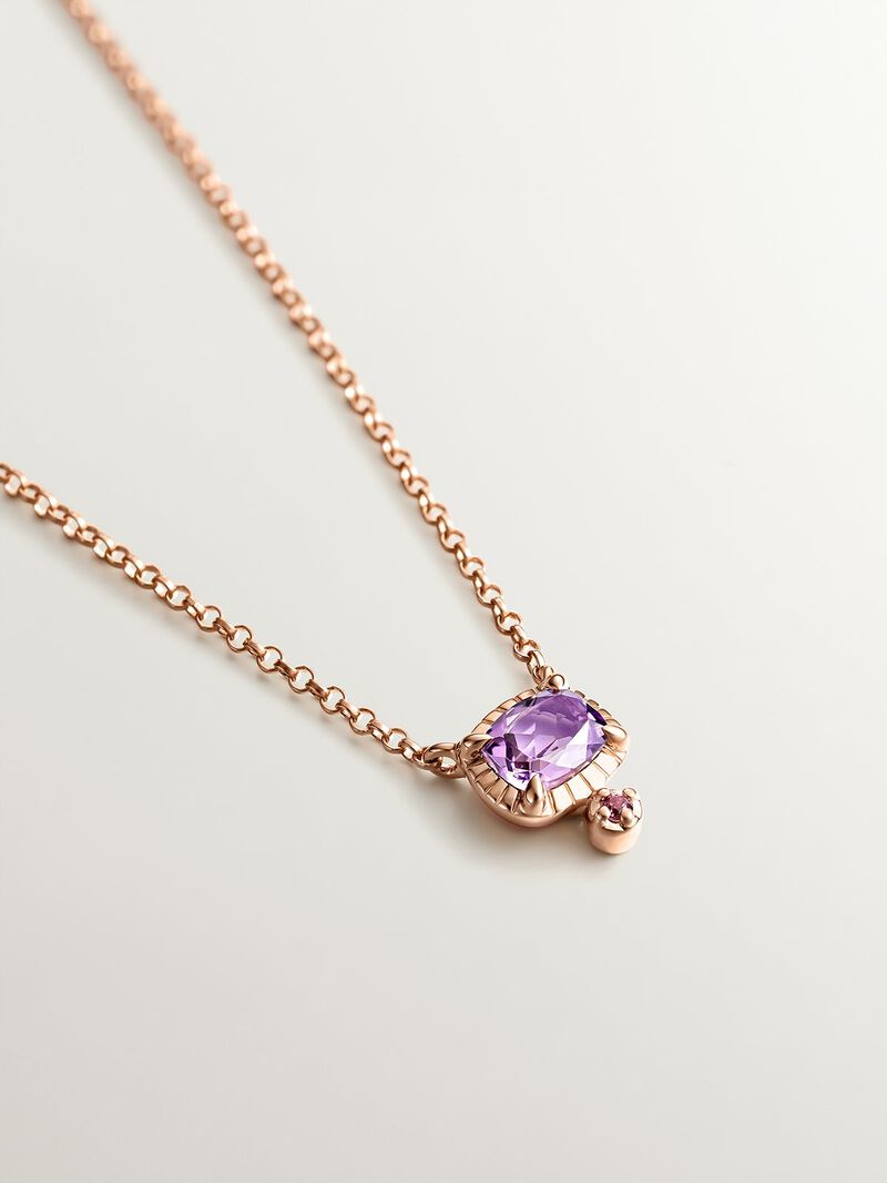 925 Silver pendant dipped in 18K rose gold with purple amethyst and pink rhodolite. image number 1