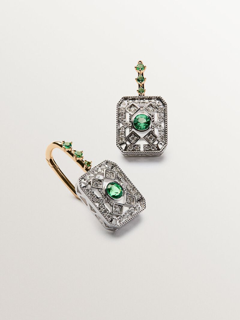 18K white and yellow gold earrings with brilliant-cut diamonds and brilliant-cut emeralds image number 2