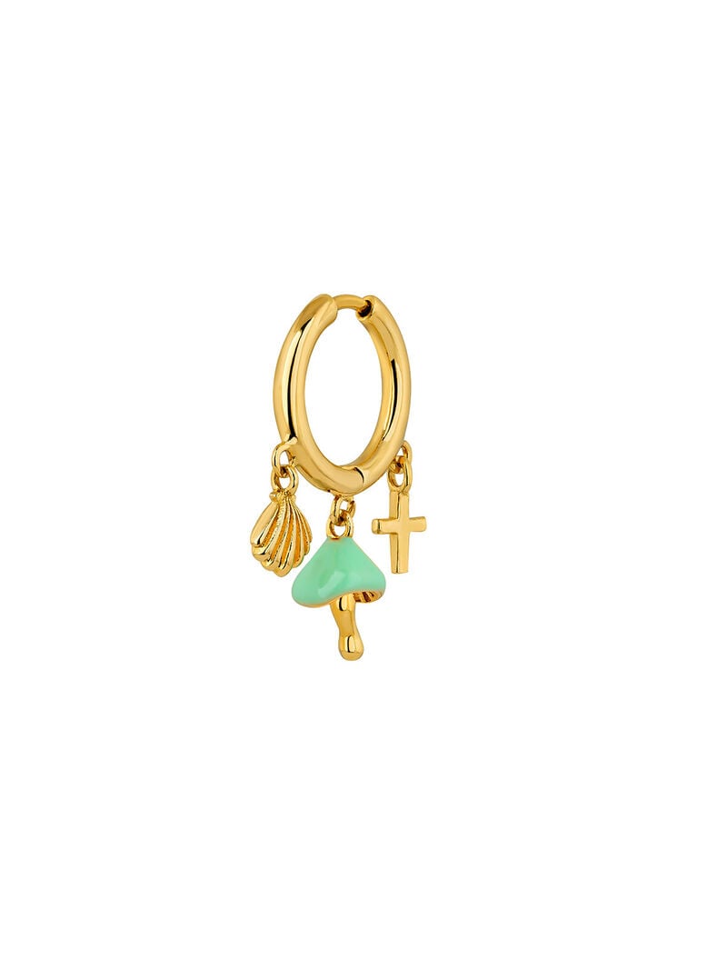 Single earring of a small silver 925 hoop bathed in 18K yellow gold with a cross and a mushroom with turquoise enamel. image number 1