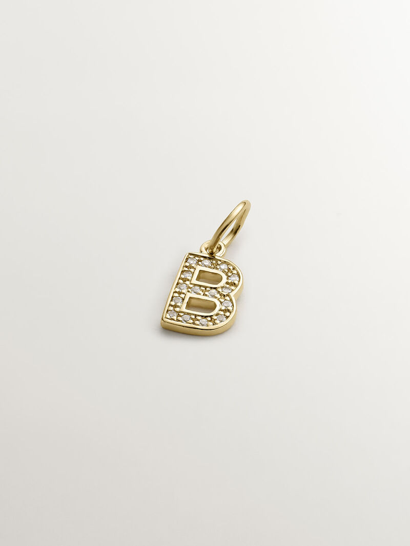 Initial B charm, made of 925 silver coated in 18K yellow gold and adorned with white topaz. image number 0