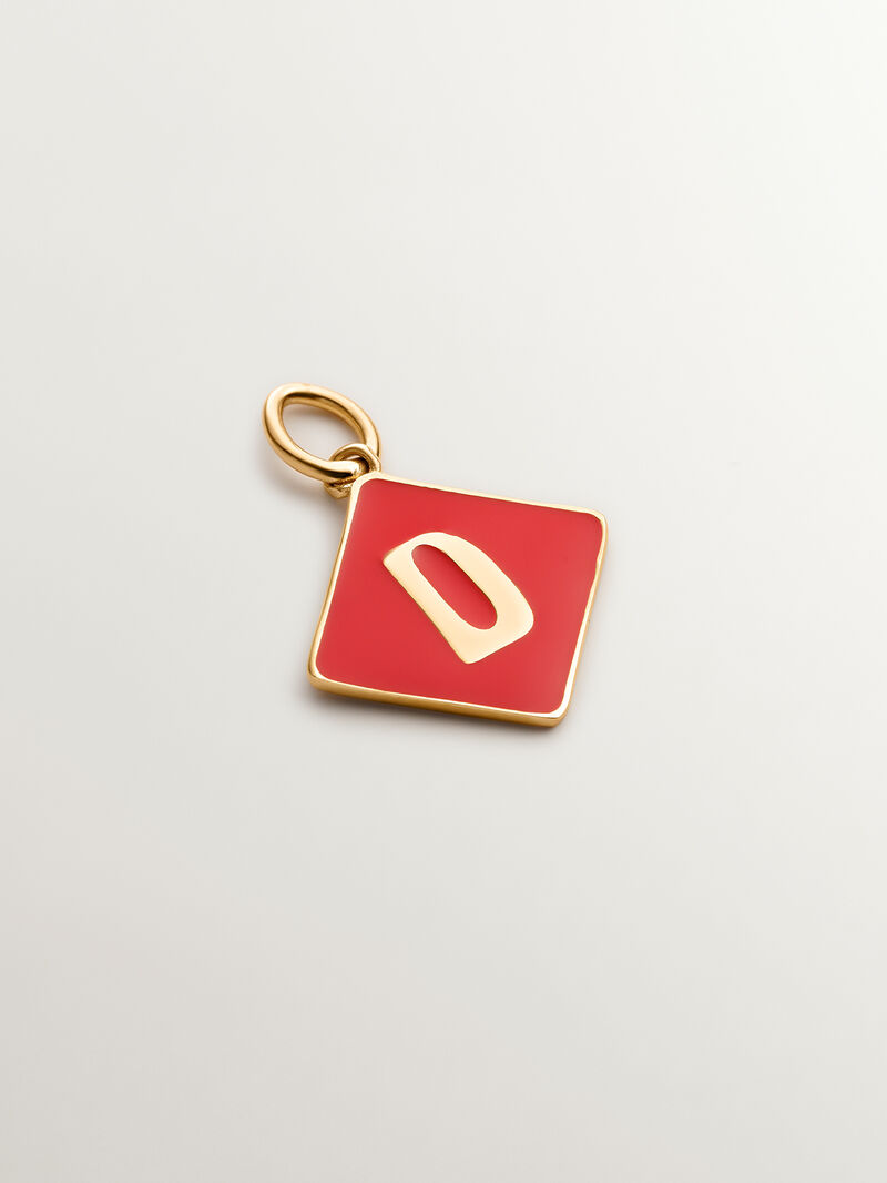 18K yellow gold plated 925 sterling silver charm with initial D and red enamel in diamond shape image number 0