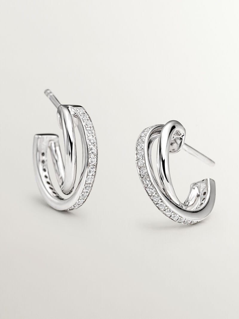925 Silver triple hoop earrings with white topaz. image number 2