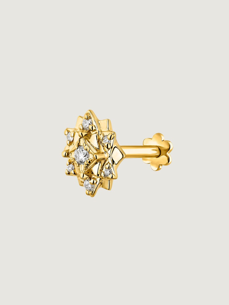 Individual 9K yellow gold earring with diamonds and flower. image number 2