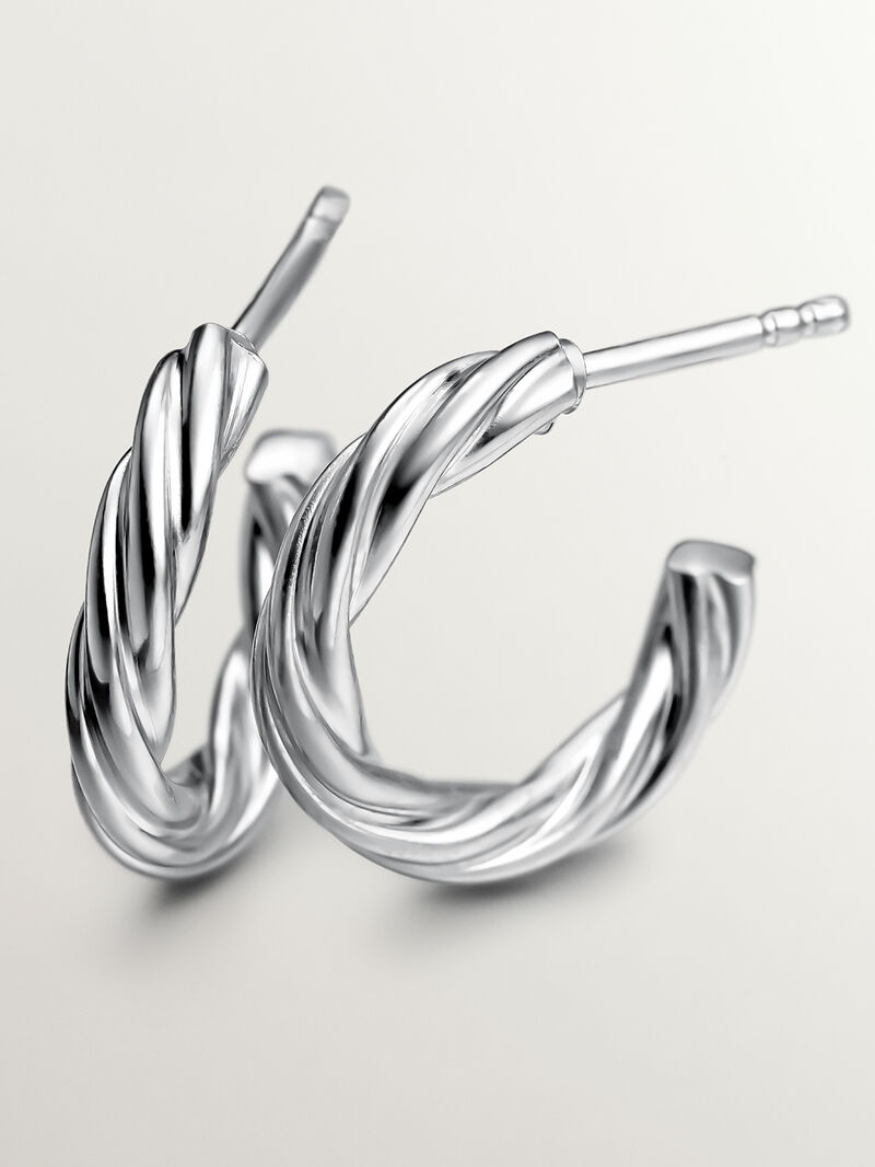 925 Silver hoop earrings with gallooned finish. image number 4