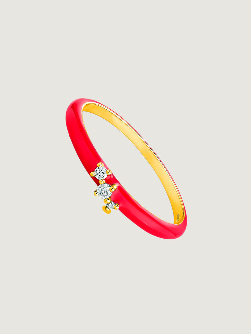 18K yellow gold ring with pink enamel and diamonds image number 0