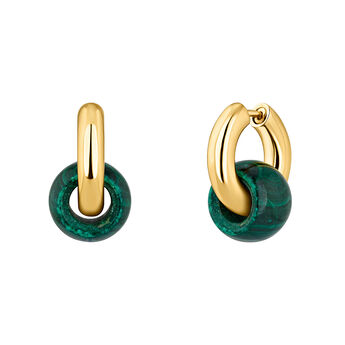 18kt yellow gold plated sterling silver hoop earrings with green malachite stone, J04752-02-MA,hi-res