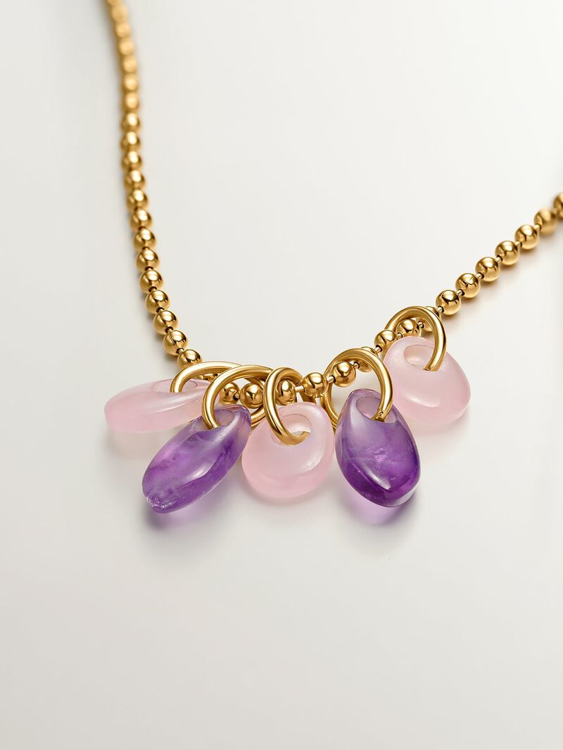 925 silver necklace bathed in 18k yellow gold with purple amethyst and pink agate image number 2