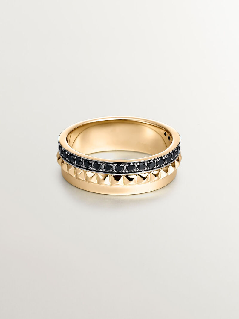 Wide 925 silver ring bathed in 18K yellow gold with texture and black spinels. image number 2